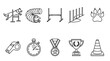 © Bogdan - A collection of clean, modern line art icons depicting elements of dog agility training and competition, including obstacles, trophies, and a stopwatch.