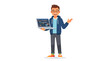 © Velar - A cheerful male cartoon developer, coder, web designer, software engineer, or IT professional holding a laptop, standing alone on a white background in a vibrant flat-style vector illustration