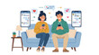 © Velar - A young couple, a man and a woman, chat online on their mobile phones, exchanging love messages through social networks, depicted in a colored flat vector illustration set against a white background