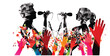 © abstract - Silhouette of male and female singers performing a duet at a summer music festival with colorful floral patterns and audience hands