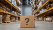 © Mariia - Cardboard box with question mark in warehouse aisle. Lost or missing package concept, logistics confusion, misplaced parcel in storage, delivery problem and supply chain uncertainty
