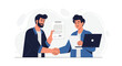 © Kirana - Businessmen shaking hands over contract with laptop, agreement and partnership concept