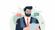 © rindu - Businessman with beard and glasses holding tablet, chat bubbles