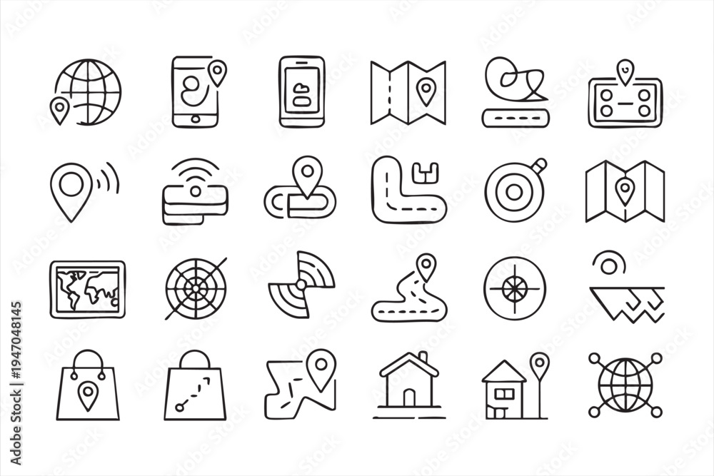 GPS and map navigation outline icons, compass route map pin satellite ...