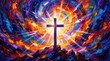 © Alamin - A vibrant and colorful abstract painting depicting a glowing christian cross with bright rays of light emanating from its center