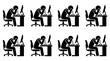 © Insa Batool - Eight identical stick figures sitting at desks with computers, heads in hands, expressing frustration or despair.