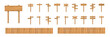 © backup16 - Wooden sign board set. Wood 3d poles with multiple arrows and posts in different layouts and farm fence isolated on light. Rustic natural realistic vector illustration.