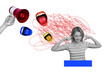 © deagreez - Trend artwork composite banner photo collage of hand hold loudspeaker mouth scream lady cover ear protect human resources manager worker
