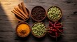 © Rev:Chandasiri - Authentic collection of exotic spices including cinnamon and chilies arranged on a textured background.