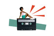 © deagreez - Composite art 3d creative image collage of happy american girl sit retro cassette music occasion meloman playlist listener