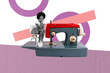 © deagreez - Art 3d sketch photo image collage of happy american girl sit stool retro sewing machine profession dressmaker textile needlework