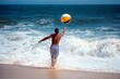 © Fun Factory - Young athletic shirtless man, boy in striped swim trunks tossing, playing, enjoying a colorful beach ball into the powerful ocean, sea waves, splashes sand during a sunny summer vacation day, outdoors