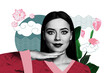© deagreez - Trend artwork composite 3D photo collage design of young lady portrait posing cloud line flower leaves eastern national cultural tradition