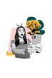 © deagreez - Vertical sketch 3d artwork collage poster of shocked girl hold phone receive online chrysanthemum delivery bouquet greeting spring day