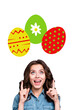© deagreez - Composite image montage artwork 3D collage of portrait young lady smile finger point up religion easter holiday family april celebration