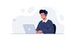 © Mahesa - Young man wearing headphones working on laptop, modern flat illustration