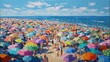 © Ilmi - Vibrant Beach Scene with Colorful Umbrellas and Joyful Atmosphere on a Sunny Day by the Ocean