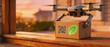 © Anastasia - Sustainable logistics concept with a delivery drone placing a package with green eco leaf icon on a doorstep. ESG and environmentally friendly trade.