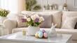 © Honey - A beautifully decorated living room with Easter eggs and a bunny on the coffee table