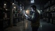 © Justlight - Dimly lit warehouse setting showing a technician measuring WiFi interference during night shift focusing on precise network mapping in challenging light.
