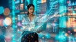 © Rendara Studio - Data analyst using laptop with digital wave visualization, Latin businesswoman