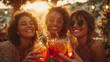 © CinimaticWorks - three women enjoying spritz cocktails at sunset on bar terrace during summer vacation cheerful friendship celebration in golden light relaxed outdoor leisure atmosphere