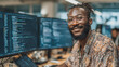 © CinimaticWorks - young software engineer working in modern workspace with code displayed on several computer screens smiling confidently and showcasing passion for technology and coding