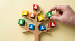 © RayenAI Studio - Illustrating the concept of growth and connection, a hand places a vibrant human icon block onto a symbolic wooden tree, depicting team development and community structure