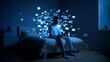 © Curioso.Photography - Young man sitting on bed at night illuminated by floating social media notifications symbolizing digital overload and online addiction.