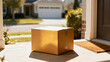 © abdallah - Generic Brown Cardboard Delivery Box Sitting on a Clean Residential Doorstep