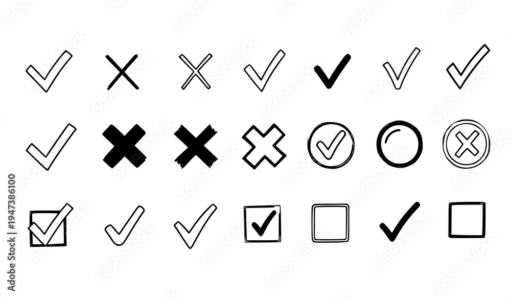 Hand Drawn Check Mark and Cross Doodle Set with Tick and X Symbols for ...