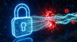 © prabu - Digital security concept a padlock protecting against a digital virus or cyber attack represented by abstract particles and a light wave