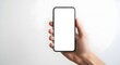© Iza - Isolated hand holding smartphone with blank white screen mockup for app presentation