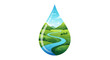 © RizqiArdi - Illustration of a water droplet with a scenic landscape and winding river, symbolizing World Water Day and sustainable living on a clean white background.
