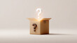 © Keopaserth - Mystery parcel box question mark glowing cardboard box question mark glowing symbol open box neutral background minimal composition studio lighting single object product concept