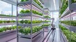 © Chroma - Vertical farming facility with robotic arm tending to leafy green vegetables growing on multi tiered shelves under artificial LED lights in urban greenhouse setting for sustainable agriculture