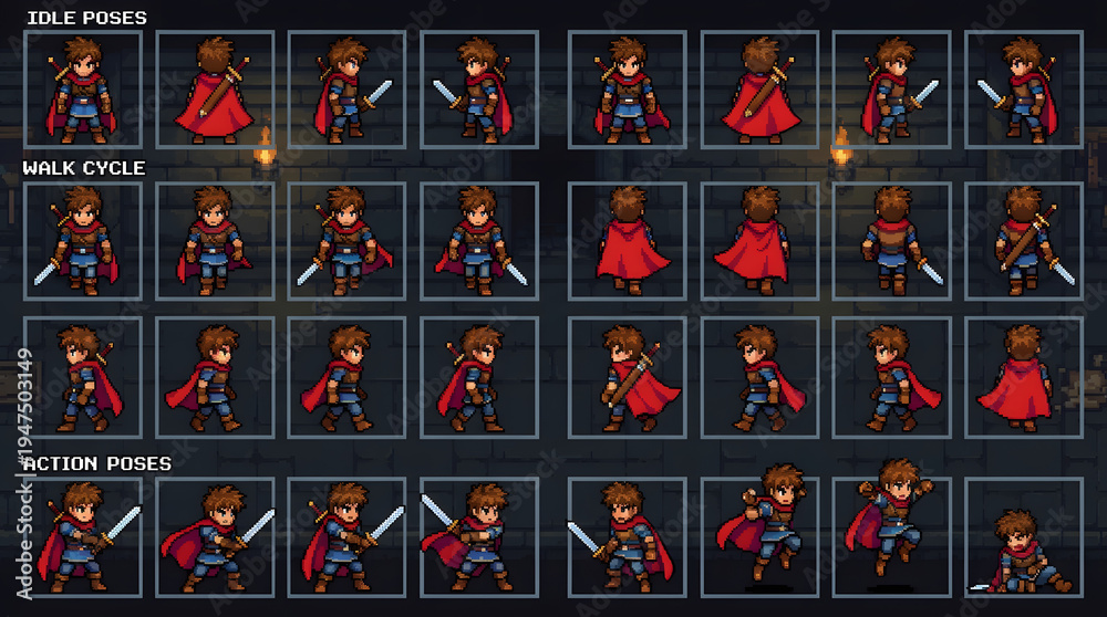 Pixel Art Character Spritesheet Warrior with Sword and Cape - Idle ...