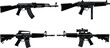 © MdAnisur - Collection of black silhouettes featuring various modern assault rifles submachine guns and tactical firearms with scopes isolated on white background for military and gaming designs.