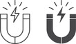 © Abbas - Simple line art and solid silhouette icons depicting a powerful horseshoe magnet generating an electric spark or lightning bolt illustrating attraction force or energy concepts.