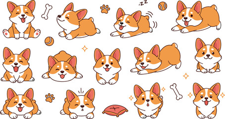 Cute Corgi Dog Illustration Set with Playful Poses, Ball, Bone, and Relaxing Expressions for Pet Lovers, Kids' Designs, and Animation