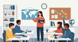 © Dreamine - Female teacher teaching geography lesson to diverse students in modern classroom illustration