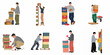 © Nadya - Flat vector illustration set of men working in a fruit warehouse, stacking crates of pomegranates, pushing pallets, and managing harvest logistics.