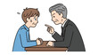 © tembelek - Workplace reprimand: Senior man scolding stressed young man. Conflict, authority, and pressure illustration.
