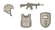 © Minara - Military equipment including a helmet rifle vest and shield illustration