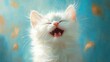 © Aleksandra - joyful white fluffy kitten with closed eyes and open mouth showing tiny teeth against a soft teal background with warm golden brushstrokes