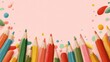 © Khalid - Colorful children’s background with bright pencils and paints arranged for kindergarten graduation album design, playful school art supplies composition symbolizing creativity learning and childhood e