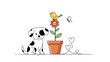 © Hasibul - Cute black and white spotted puppy sitting next to a potted flower with a small yellow bird on top in a simple cartoon illustration for kids room.