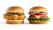 © maxximmm - displays two burgers side by side. One burger features crispy chicken, while the other has a beef patty with cheese and fresh vegetables.