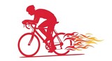 A red silhouette of a professional cyclist riding a racing bike with flaming wheels for speed