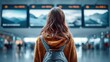 © Yevheniiya - Woman with backpack looking at departure board in airport terminal